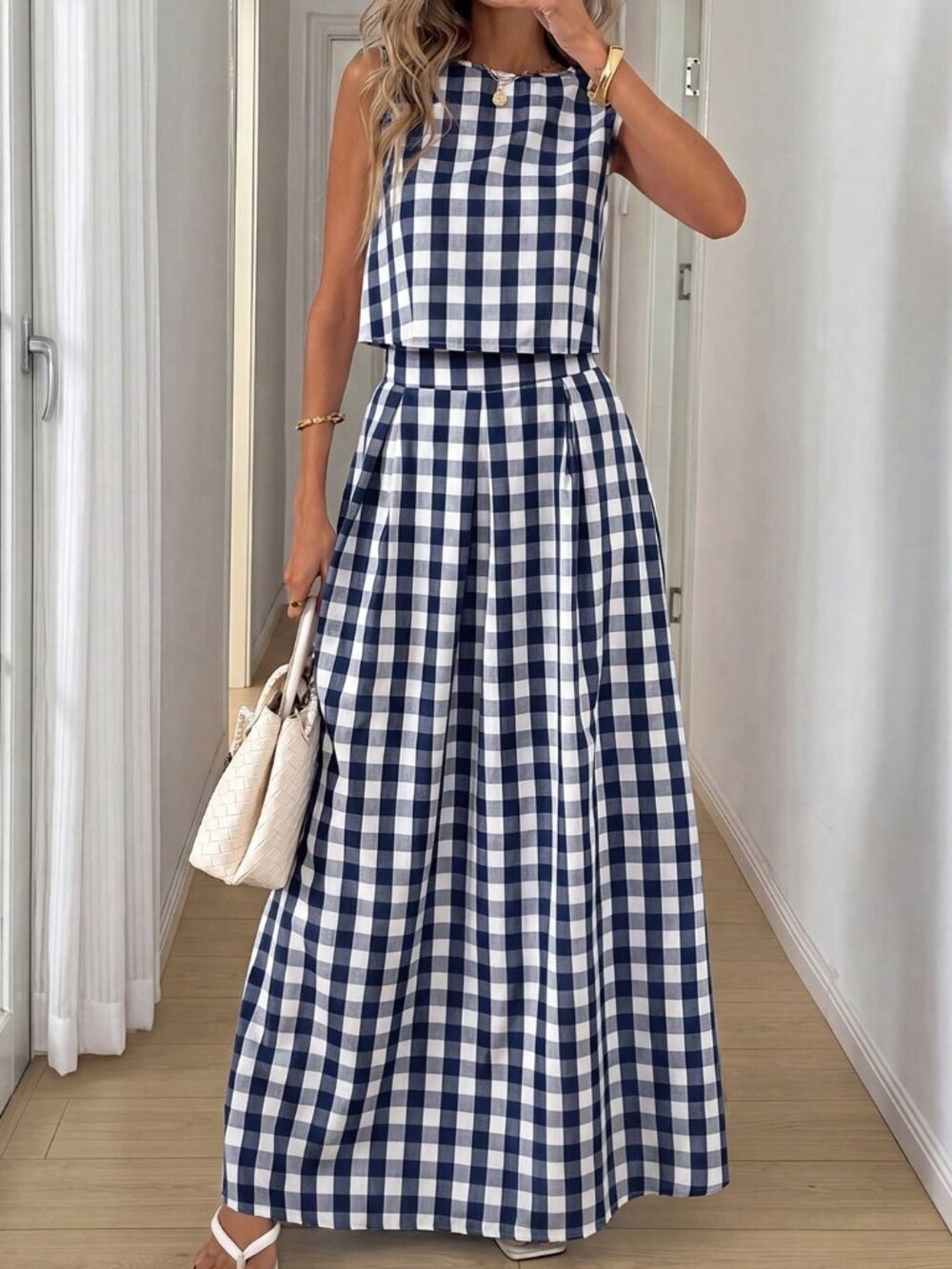 Navy Blue Casual Women's Plaid Print Sleeveless Top And Skirt 2-Piece Set - Picture 2 of 6